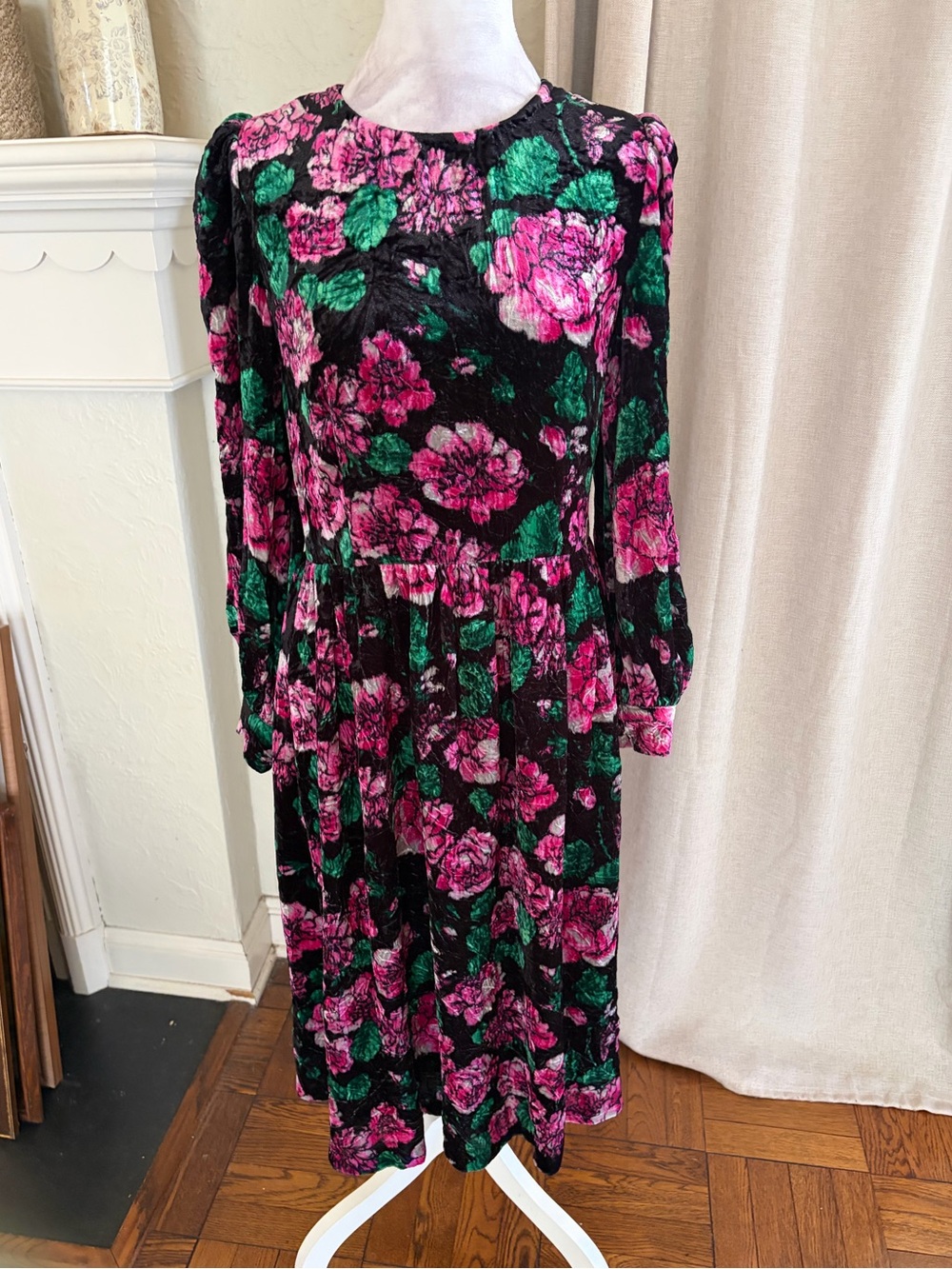 Marc Jacobs RUNWAY Black Floral Long Sleeve Midi Dress with Pink & Green Blooms